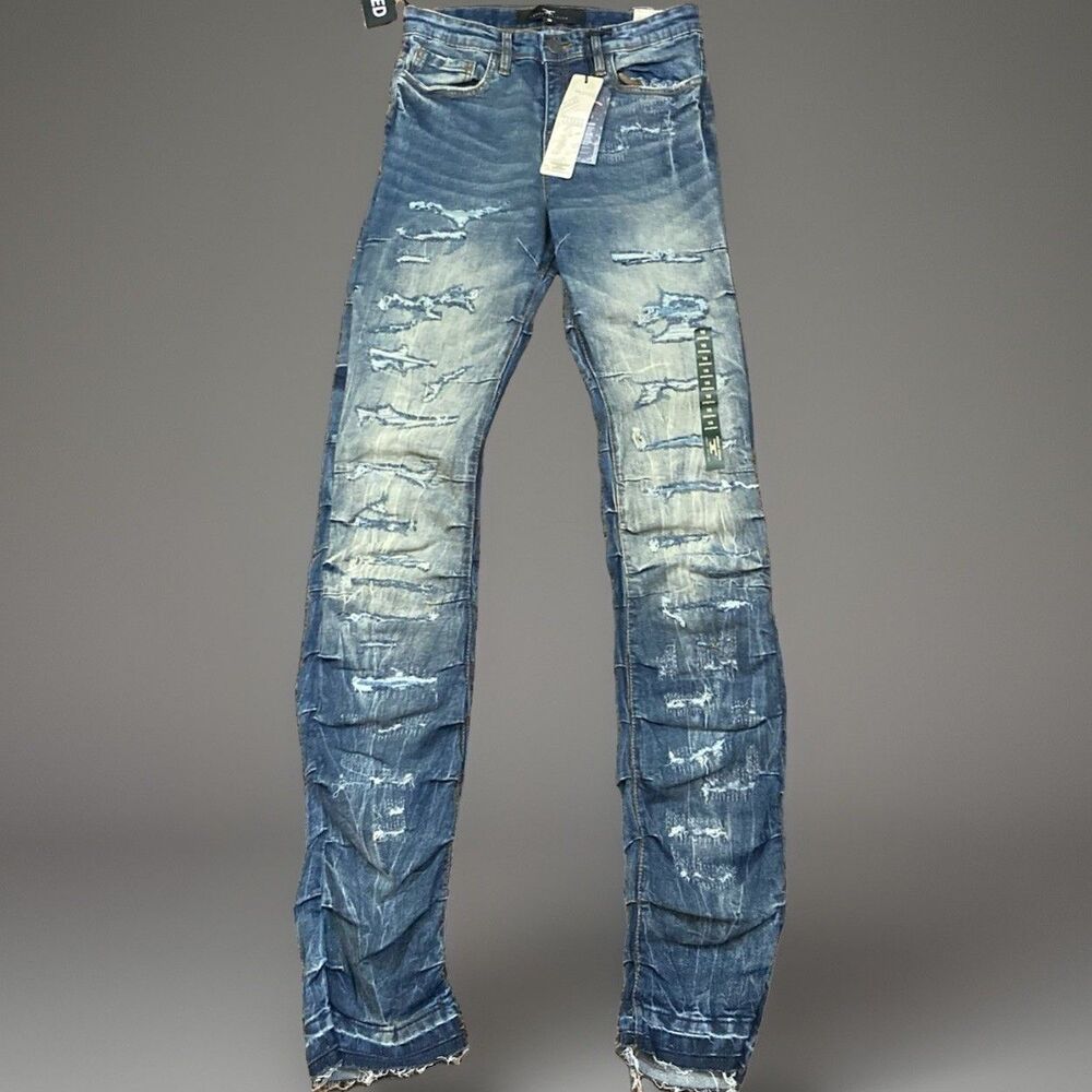 New! Jordan Craig Pleated Streetwear Distressed Long Blue Jeans Boys Size 16